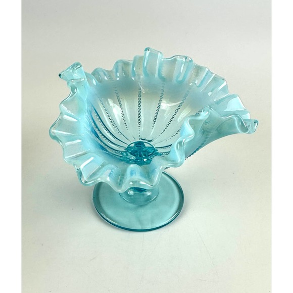 Vintage Fenton For LG Wright Blue Opalescent Beaded Footed Ruffled Edge Compote - Picture 7 of 14